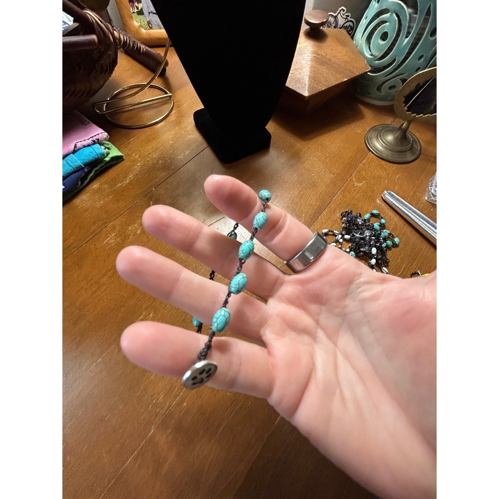 Turquoise Beaded Cord Bracelet Boho Silver Tone Button Clasp 6.5 Inch